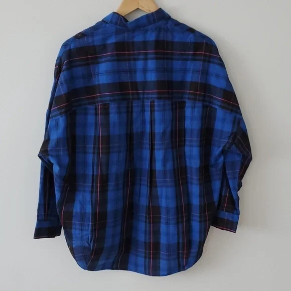 French Connection Blue Plaid Flannel Long Sleeve Button Up Shirt Womens NEW Sz - Picture 4 of 5